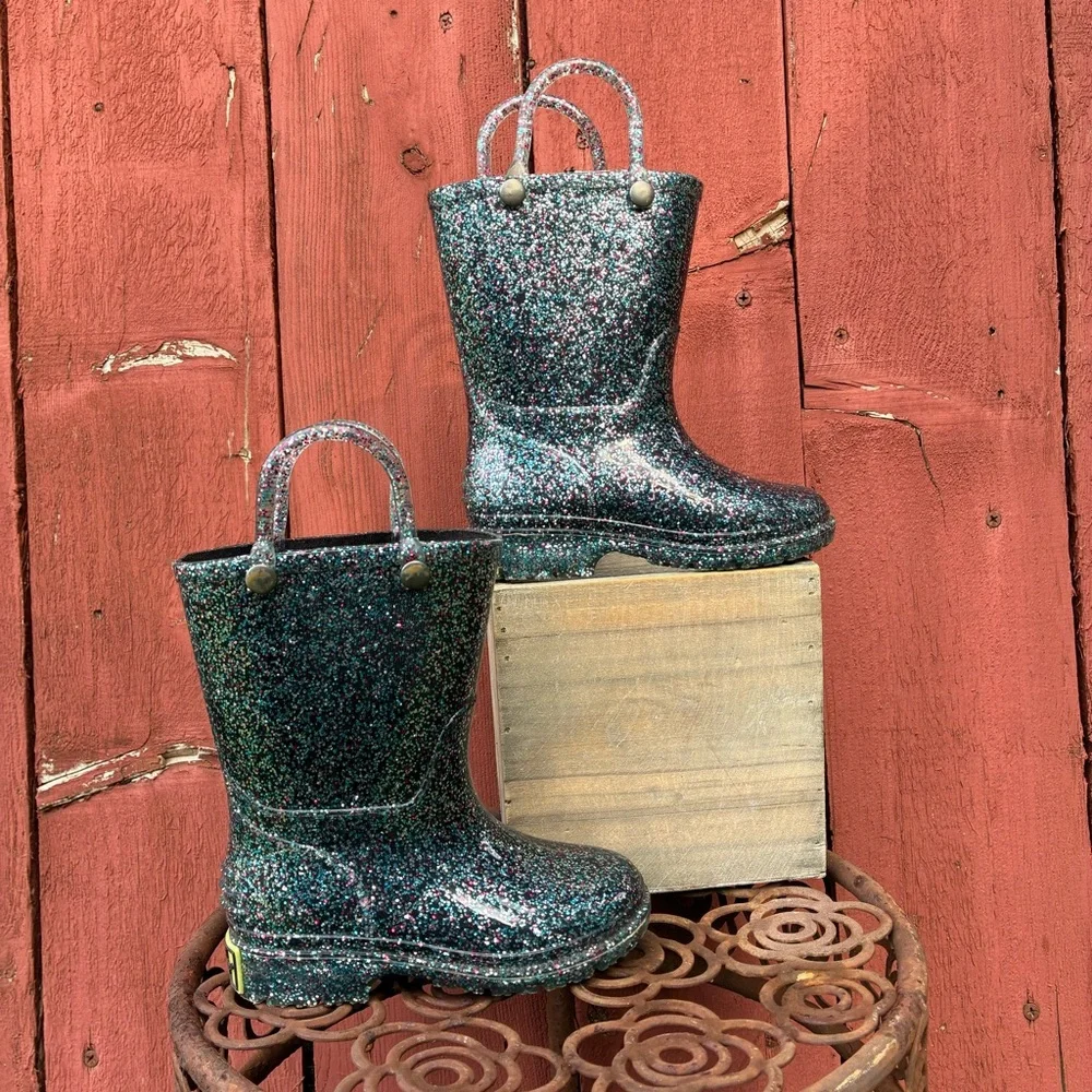 Western Chief Kids Rain Boots Black Silver Jelly Waterproof Glitter 6T EU22